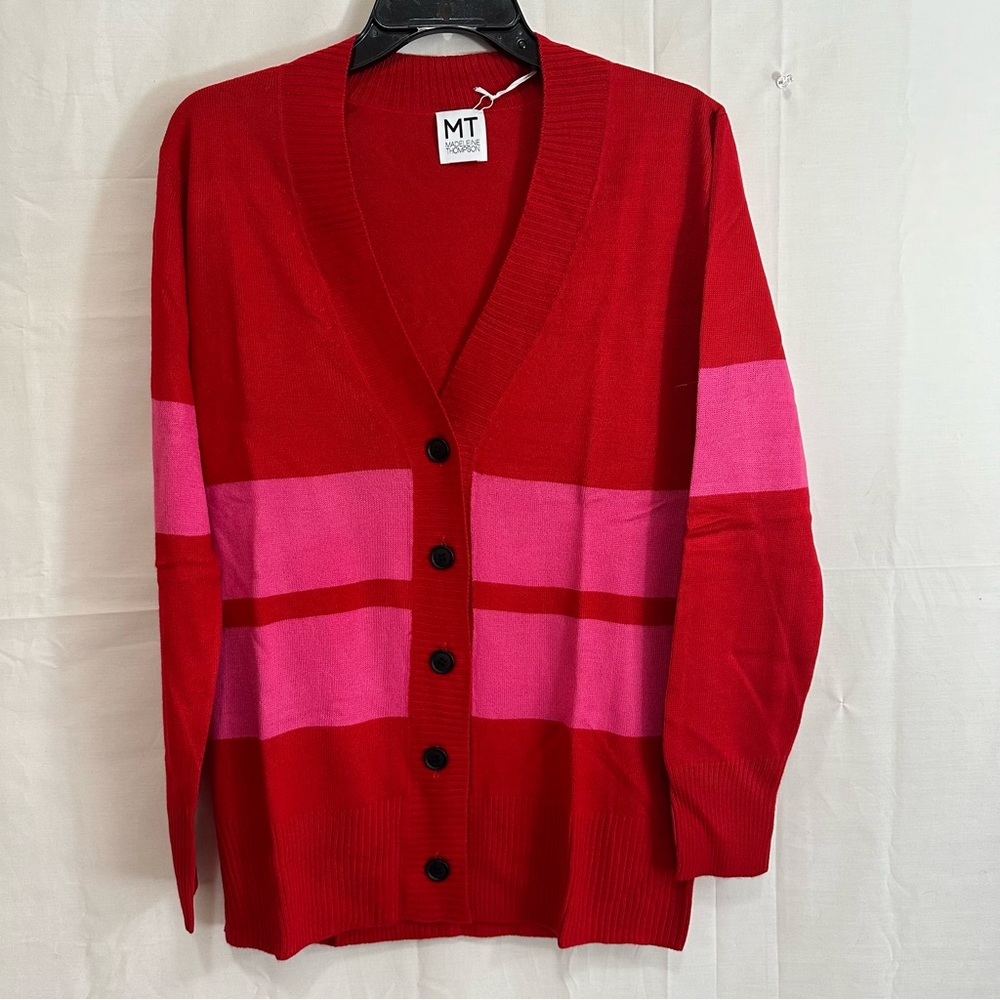 Madeleine Thompson Womens Button Del Ray Cardigan Sweater Red & Pink Striped SML